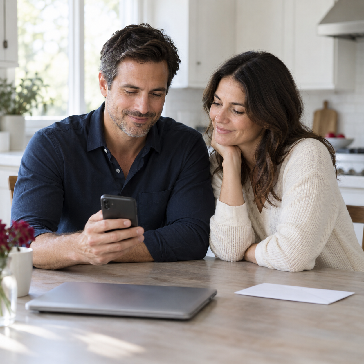 A couple sharing a quiet moment of relief while looking at their phone